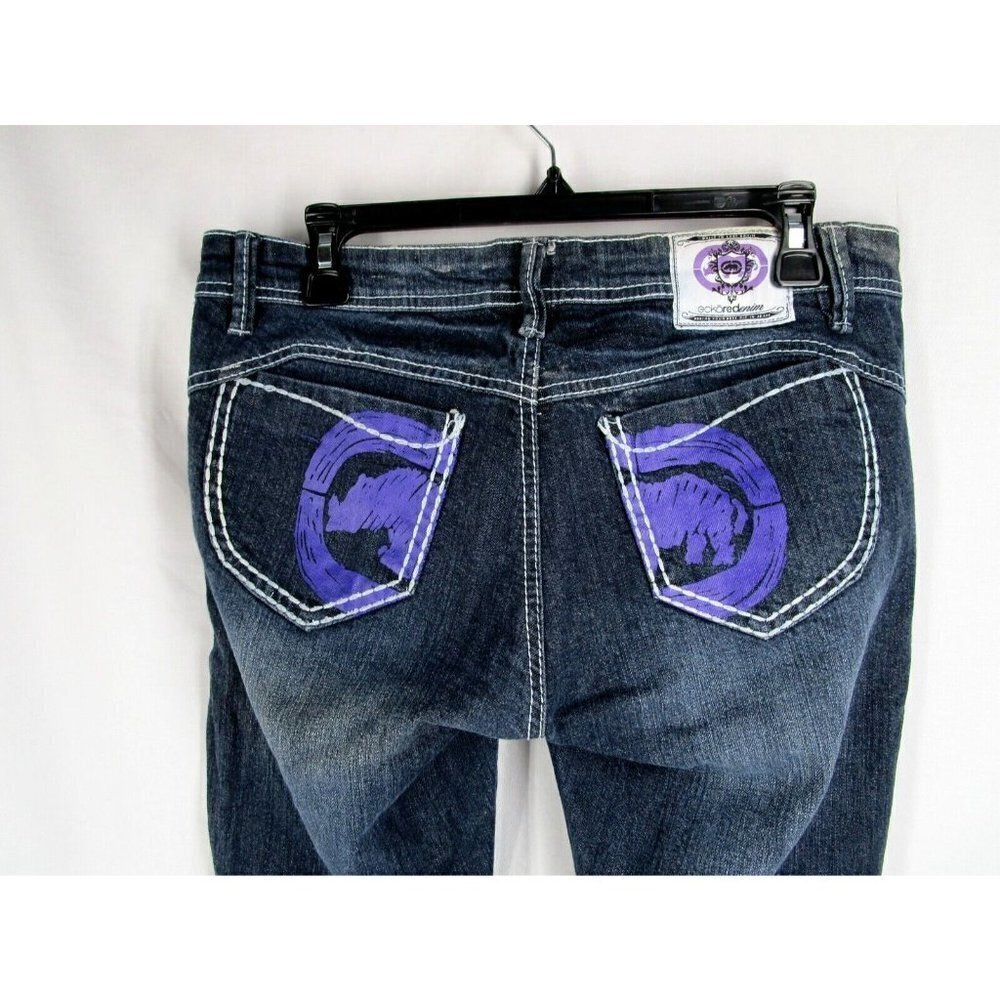 EckoReDenim Dark Wash Taper Jeans Junior's 7/8 Stretch Purple Pockets Mid Rise